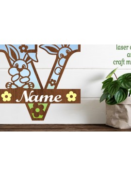 Σετ των 2 Intra απο ξύλο plywood 3mm-4mm πάχος Κουνελάκι κεφαλαίο μονόγραμμα Γράμμα V Δίασταση 30x20 cm INTRAFABR-72792167