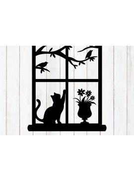 Σετ των 3 Intra απο ξύλο plywood 3mm-4mm πάχος Σιλουέτα παραθύρου Cat & Birds Δίασταση 8x8 cm INTRAFABR-117771139