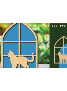 Σετ των 2 Intra απο ξύλο plywood 3mm-4mm πάχος Διακόσμηση κοπής με λέιζερ Cat in the Window 5 Δίασταση 15x15 cm INTRAFABR-113945986