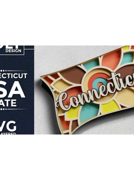 Σετ των 2 Intra απο ξύλο plywood 3mm-4mm πάχος - Κόψιμο χαρτιού Connecticut USA State 3d  Δίασταση 30x20 cm INTRAFABR-64954452