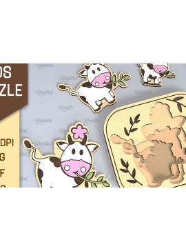 Σετ των 2 Intra απο ξύλο plywood 3mm-4mm πάχος - Cow Family Puzzle Σχέδιο κοπής με λέιζερ Δίασταση 30x20 cm INTRAFABR-108371528