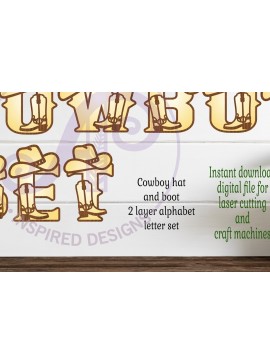 Σετ των 2 Intra απο ξύλο plywood 3mm-4mm πάχος - Σετ αλφαβήτου με καπέλο και μπότα γράμματα καουμπόη Δίασταση 30x20 cm INTRAFABR-100346753