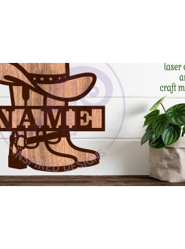 Intra απο ξύλο plywood 3mm-4mm πάχος - Σχέδιο ονόματος καπέλο και μπότες καουμπόη Δίασταση 30x20 cm INTRAFABR-99803659