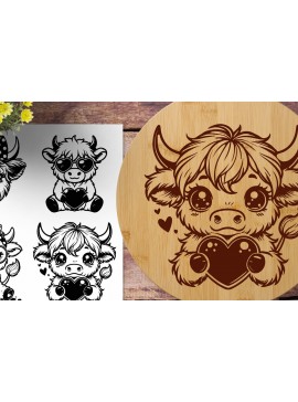 Σετ των 2 Intra απο ξύλο plywood 3mm-4mm πάχος - Cute Highland Cow  | Χαραγμένο με λέιζερ Δίασταση 30x20 cm INTRAFABR-124640988