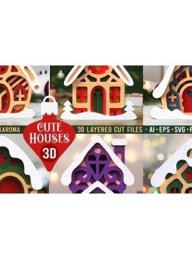 Σετ των 2 Intra απο ξύλο plywood 3mm-4mm πάχος - Πακέτο Cute Houses | 3D Layered  Δίασταση 16x6 cm INTRAFABR-46723788