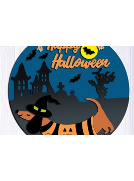 Σετ των 2 Intra απο ξύλο plywood 3mm-4mm πάχος - Κρεμάστρα πόρτας Dachshund Happy Halloween Δίασταση 15x15 cm INTRAFABR-103581657