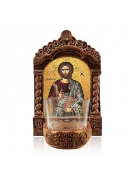 Εικόνα Ορθοδοξίας με περίγραμμα χρυσό σε ξύλο Φλαμουρίας  με  βάση Φωτιστικό Ιησού Χριστού, Ιησούς Χριστός ο Φωτοδότης Ελληνικής κατασκευής Επιτραπέζιο Εικονίδιο, Χειροποίητο Κεραμικό Φωτιστικό με Γυάλινο Κύπελλο Διάσταση 40x30 cm (15,8 x 11,8 ίντσες)INTR