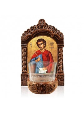 Εικόνα Ορθοδοξίας με περίγραμμα χρυσό σε ξύλο Φλαμουρίας  με  βάση Αγρυπνός Άγιος Ιωάννης ο Ρώσος, Άγιος Ιωάννης ο Νεομάρτυρας της Ρωσίας Ελληνικής κατασκευής Επιτραπέζια εικόνα, Χειροποίητο Κεραμικό Φωτιστικό Αγρυπνίας με Γυάλινο Κύπελλο Διάσταση 45x35 c