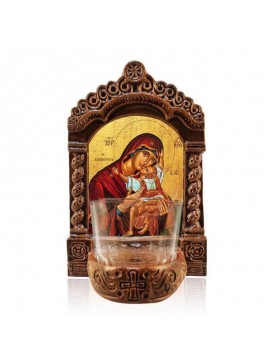 Εικόνα Ορθοδοξίας με περίγραμμα χρυσό σε ξύλο Φλαμουρίας  με  βάση Παναγία της Καρδιάς Φωτιστικό Αγρυπνίας, Παναγία Θεοτόκος, Ελληνικής κατασκευής Επιτραπέζια Εικόνα, Χειροποίητο Κεραμικό Φωτιστικό Αγρυπνίας με Γυάλινο Κύπελλο Διάσταση 50x40 cm (19,7 x 15