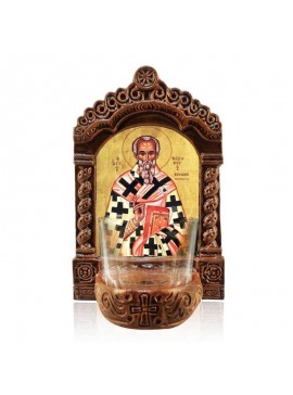 Εικόνα Ορθοδοξίας με περίγραμμα χρυσό σε ξύλο Φλαμουρίας  με  βάση Φωτιστικό Αγρυπνού Αγίου Νικηφόρου, Επιτραπέζια εικόνα του Αγίου Νικηφόρου Κωνσταντινουπόλεως Ελληνικής κατασκευής, Χειροποίητο Κεραμικό Φωτιστικό με Γυάλινο Κύπελλο Διάσταση 40x30 cm (15,
