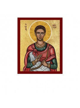 Εικόνα Ορθοδοξίας με περίγραμμα χρυσό σε ξύλο Φλαμουρίας  με  βάση Εικόνα Αγίου Νέστορα, Χειροποίητη βυζαντινή εικόνα του Αγίου Νέστορα, Πλακέτα θρησκευτικής τέχνης, Χριστιανικό δώρο Διάσταση 50x40 cm (19,7 x 15,8 ίντσες)  INTRAEK-6543216723791