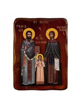 Εικόνα Ορθοδοξίας με περίγραμμα χρυσό σε ξύλο Φλαμουρίας  με  βάση Εικόνα Αγίων Ραφαήλ, Νικολάου και Ειρήνης, Χειροποίητη ελληνορθόδοξη εικόνα, επιτοίχια πλάκα βυζαντινής τέχνης, θρησκευτικό δώρο, χριστιανική διακόσμηση Διάσταση 50x40 cm (19,7 x 15,8 ίντσ
