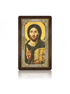 Εικόνα Ορθοδοξίας με περίγραμμα χρυσό σε ξύλο Φλαμουρίας  με  βάση Ιησούς Χριστός του Σινά Ασημένιο Χρυσό Εικονίδιο 29x17cm, Χειροποίητη Θρησκευτική Τέχνη, Χρυσός 24 καρατίων & Ασήμι 925 Ο Κύριος μας Ιησούς Παντοκράτορας, Χριστιανικό Δώρο Διάσταση 50x