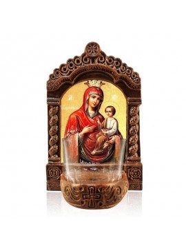 Εικόνα Ορθοδοξίας με περίγραμμα χρυσό σε ξύλο Φλαμουρίας  με  βάση Παναγία Γοργοεπήκοος Αγρυπνός, Παναγία Γρήγορο Ακούγεται Κεραμικό Επιτραπέζιο Εικονίδιο, Χειροποίητο Φωτιστικό Αγρυπνίας με Γυάλινο Κύπελλο Διάσταση 45x35 cm (17,7 x 13,8 ίντσες) INTRAEK-5