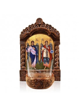 Εικόνα Ορθοδοξίας με περίγραμμα χρυσό σε ξύλο Φλαμουρίας  με  βάση Φωτιστικό Αγρυπνίας Αρχαγγέλων Μιχαήλ και Γαβριήλ, Εικονίδιο Επιτραπέζιου Ταξιάρχες, Χειροποίητο Κεραμικό Φωτιστικό Αγρυπνίας με Γυάλινο Κύπελλο Διάσταση 50x40 cm (19,7 x 15,8 ίντσες)  INT