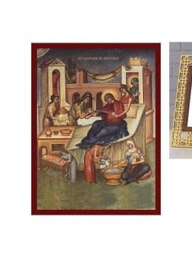 Εικόνα Ορθοδοξίας με περίγραμμα χρυσό σε ξύλο Φλαμουρίας  με  βάση Η εικόνα της Γέννησης της Θεοτόκου, Χειροποίητη Ελληνική εικόνα της Γέννησης της Θεοτόκου, επιτοίχια πλάκα βυζαντινής τέχνης, χριστιανικό δώρο Διάσταση 45x35 cm (17,7 x 13,8 ίντσες) INTRAE