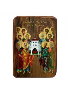 Εικόνα Ορθοδοξίας με περίγραμμα χρυσό σε ξύλο Φλαμουρίας  με  βάση Μπομπονιέρα Βάπτισης Σύναξη των Δώδεκα Αποστόλων Σετ 20 τεμαχίων, Εικόνα Βάπτισης, Μπομπονιέρα Χειροποίητη Βυζαντινή εικόνα 9x6, Χριστιανικό Δώρο Διάσταση 45x35 cm (17,7 x 13,8 ίντσες) INT