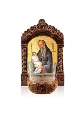 Εικόνα Ορθοδοξίας με περίγραμμα χρυσό σε ξύλο Φλαμουρίας  με  βάση Φωτιστικό Αγρυπνίας Αγίου Στυλιανού, Παιδικός Προστάτης Αγίου Στυλιανού, Ελληνικής κατασκευής Επιτραπέζια εικόνα, Χειροποίητο Κεραμικό Φωτιστικό με Γυάλινο Κύπελλο Διάσταση 45x35 cm (17,7 