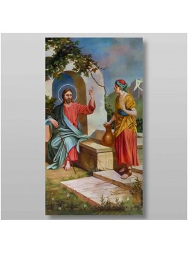 Εικόνα Ορθοδοξίας με περίγραμμα χρυσό σε ξύλο Φλαμουρίας  με  βάση Ο Χριστός και η Σαμαρείτιδα Χειροποίητη Ελληνορθόδοξη , Κρεμαστή πλάκα βυζαντινής τέχνης, χριστιανική τέχνη Διάσταση 10x7 cm (3,9 x 2,8 ίντσες) INTRAEK-7872