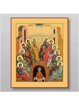 Εικόνα Ορθοδοξίας με περίγραμμα χρυσό σε ξύλο Φλαμουρίας  με  βάση Κάθοδος του Αγίου Πνεύματος της Πεντηκοστής Χειροποίητη Ελληνορθόδοξη , Κρεμαστή πλάκα βυζαντινής τέχνης, χριστιανική τέχνη Διάσταση 10x7 cm (3,9 x 2,8 ίντσες) INTRAEK-7794