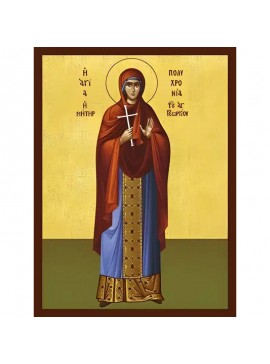 Εικόνα Ορθοδοξίας με περίγραμμα χρυσό σε ξύλο Φλαμουρίας  με  βάση Εικόνα ΑΓΙΑ ΠΟΛΥΧΡΟΝΙΑ, Η ΜΗΤΗΡ ΤΟΥ ΑΓΙΟΥ ΓΕΩΡΓΙΟΥ ΤΟΥ ΤΡΟΠΑΙΟΦΟΡΟΥ, ΟΛΟΣΩΜΗ Χειροποίητη Ελληνορθόδοξη εικόνα του Ιησού Χριστού, Κρεμαστή πλάκα βυζαντινής τέχνης, χριστιανική τέχνη Διάστασ