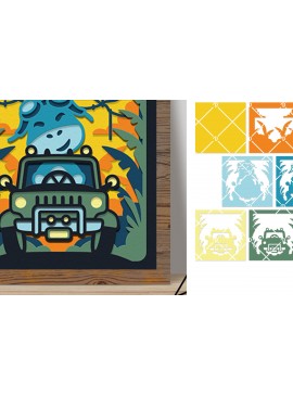 Intra απο ξύλο plywood 3mm-4mm πάχος - Οι δεινόσαυροι οδηγούν ένα αυτοκίνητο 3D Shadow Box Δίασταση 714x714 cm INTRAFABR-77366604