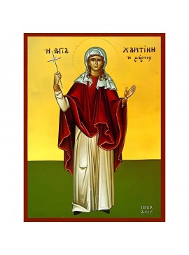 Εικόνα Ορθοδοξίας με περίγραμμα χρυσό σε ξύλο Φλαμουρίας  με  βάση Εικόνα ΑΓΙΑ ΧΑΡΙΤΙΝΗ ΑΜΙΣΟΥΝΤΟΣ, ΜΑΡΤΥΣ, ΟΛΟΣΩΜΗ Χειροποίητη Ελληνορθόδοξη εικόνα του Ιησού Χριστού, Κρεμαστή πλάκα βυζαντινής τέχνης, χριστιανική τέχνη Διάσταση 40x30 cm (10,2x7,9 ίντσες)