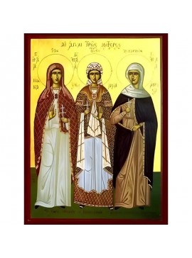 Εικόνα Ορθοδοξίας με περίγραμμα χρυσό σε ξύλο Φλαμουρίας  με  βάση Εικόνα ΑΓΙΑΙ ΤΡΕΙΣ ΜΗΤΕΡΕΣ, ΝΟΝΝΑ, ΕΜΜΕΛΕΙΑ, ΑΝΘΟΥΣΑ, ΟΛΟΣΩΜΕΣ Χειροποίητη Ελληνορθόδοξη εικόνα του Ιησού Χριστού, Κρεμαστή πλάκα βυζαντινής τέχνης, χριστιανική τέχνη Διάσταση 40x30 cm (10