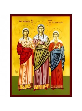 Εικόνα Ορθοδοξίας με περίγραμμα χρυσό σε ξύλο Φλαμουρίας  με  βάση Εικόνα ΑΓΙΕΣ ΜΗΝΟΔΩΡΑ, ΜΗΤΡΟΔΩΡΑ, ΝΥΜΦΟΔΩΡΑ, ΝΙΚΟΜΗΔΕΙΑΣ, ΟΛΟΣΩΜΕΣ Χειροποίητη Ελληνορθόδοξη εικόνα του Ιησού Χριστού, Κρεμαστή πλάκα βυζαντινής τέχνης, χριστιανική τέχνη Διάσταση 40x30 cm