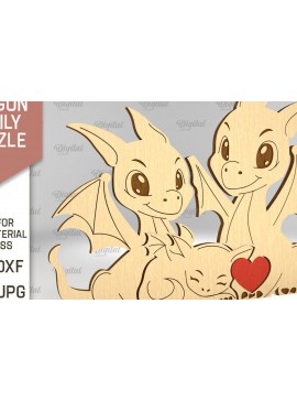 Σετ των 2 Intra απο ξύλο plywood 3mm-4mm πάχος - Dragon Family Puzzle Laser Cut  Δίασταση 30x20 cm INTRAFABR-91504426