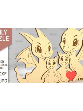 Σετ των 2 Intra απο ξύλο plywood 3mm-4mm πάχος - Dragon Family Puzzle  Δίασταση 30x20 cm INTRAFABR-93163949