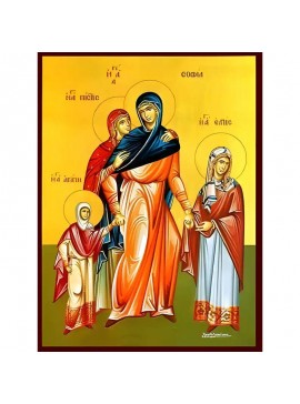 Εικόνα Ορθοδοξίας με περίγραμμα χρυσό σε ξύλο Φλαμουρίας  με  βάση Εικόνα ΑΓΙΕΣ ΣΟΦΙΑ ΚΑΙ ΘΥΓΑΤΕΡΕΣ, ΠΙΣΤΙΣ, ΕΛΠΙΣ ΚΑΙ ΑΓΑΠΗ, ΟΛΟΣΩΜΕΣ Χειροποίητη Ελληνορθόδοξη εικόνα του Ιησού Χριστού, Κρεμαστή πλάκα βυζαντινής τέχνης, χριστιανική τέχνη Διάσταση 40x30 c