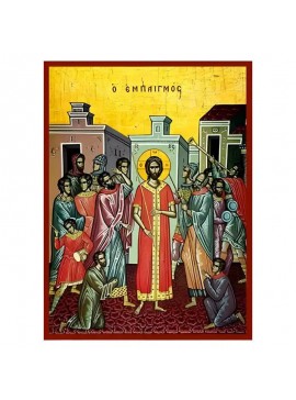 Σετ των 2 Εικόνα Ορθοδοξίας με περίγραμμα χρυσό σε ξύλο Φλαμουρίας  με  βάση Εικόνα Ο εμπαιγμός του Ιησού Χειροποίητη Ελληνορθόδοξη , Κρεμαστή πλάκα βυζαντινής τέχνης, χριστιανική τέχνη Διάσταση 10x7 cm (3,9 x 2,8 ίντσες) INTRAEK-670967