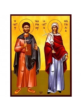 Εικόνα Ορθοδοξίας με περίγραμμα χρυσό σε ξύλο Φλαμουρίας  με  βάση Εικόνα ΑΓΙΟΙ ΑΔΡΙΑΝΟΣ ΚΑΙ ΝΑΤΑΛΙΑ, ΜΑΡΤΥΡΕΣ, ΟΛΟΣΩΜΟΙ Χειροποίητη Ελληνορθόδοξη εικόνα του Ιησού Χριστού, Κρεμαστή πλάκα βυζαντινής τέχνης, χριστιανική τέχνη Διάσταση 40x30 cm (10,2x7,9 ίν
