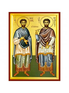 Εικόνα Ορθοδοξίας με περίγραμμα χρυσό σε ξύλο Φλαμουρίας  με  βάση Εικόνα ΑΓΙΟΙ ΑΝΑΡΓΥΡΟΙ, ΚΟΣΜΑΣ ΚΑΙ ΔΑΜΙΑΝΟΣ, ΟΛΟΣΩΜΟΙ Χειροποίητη Ελληνορθόδοξη εικόνα του Ιησού Χριστού, Κρεμαστή πλάκα βυζαντινής τέχνης, χριστιανική τέχνη Διάσταση 40x30 cm (10,2x7,9 ίν