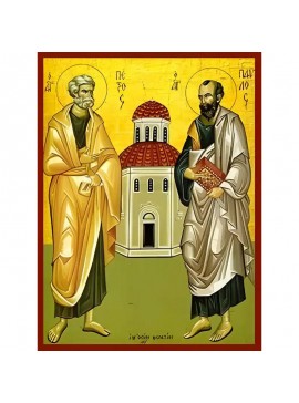 Εικόνα Ορθοδοξίας με περίγραμμα χρυσό σε ξύλο Φλαμουρίας  με  βάση Εικόνα ΑΓΙΟΙ ΑΠΟΣΤΟΛΟΙ ΠΕΤΡΟΣ ΚΑΙ ΠΑΥΛΟΣ, ΟΛΟΣΩΜΟΙ Χειροποίητη Ελληνορθόδοξη εικόνα του Ιησού Χριστού, Κρεμαστή πλάκα βυζαντινής τέχνης, χριστιανική τέχνη Διάσταση 40x30 cm (10,2x7,9 ίντσε