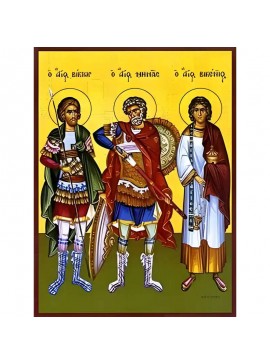 Εικόνα Ορθοδοξίας με περίγραμμα χρυσό σε ξύλο Φλαμουρίας  με  βάση Εικόνα ΑΓΙΟΙ ΒΙΚΤΩΡ ΔΑΜΑΣΚΟΥ, ΜΗΝΑΣ ΑΙΓΥΠΤΟΥ ΚΑΙ ΒΙΚΕΝΤΙΟΣ ΙΣΠΑΝΙΑΣ, ΟΛΟΣΩΜΟΙ Χειροποίητη Ελληνορθόδοξη εικόνα του Ιησού Χριστού, Κρεμαστή πλάκα βυζαντινής τέχνης, χριστιανική τέχνη Διάστα