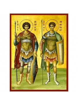 Εικόνα Ορθοδοξίας με περίγραμμα χρυσό σε ξύλο Φλαμουρίας  με  βάση Εικόνα ΑΓΙΟΙ ΓΕΩΡΓΙΟΣ ΚΑΙ ΔΗΜΗΤΡΙΟΣ, ΟΛΟΣΩΜΟΙ Χειροποίητη Ελληνορθόδοξη εικόνα του Ιησού Χριστού, Κρεμαστή πλάκα βυζαντινής τέχνης, χριστιανική τέχνη Διάσταση 40x30 cm (10,2x7,9 ίντσες)  I
