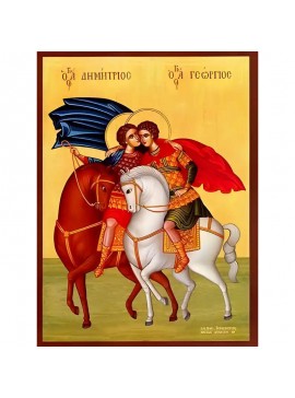 Εικόνα Ορθοδοξίας με περίγραμμα χρυσό σε ξύλο Φλαμουρίας  με  βάση Εικόνα ΑΓΙΟΙ ΓΕΩΡΓΙΟΣ Ο ΤΡΟΠΑΙΟΦΟΡΟΣ ΚΑΙ ΔΗΜΗΤΡΙΟΣ Ο ΜΥΡΟΒΛΥΤΗΣ, ΕΦΙΠΠΟΙ Χειροποίητη Ελληνορθόδοξη εικόνα του Ιησού Χριστού, Κρεμαστή πλάκα βυζαντινής τέχνης, χριστιανική τέχνη Διάσταση 40