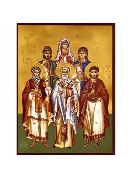Εικόνα Ορθοδοξίας με περίγραμμα χρυσό σε ξύλο Φλαμουρίας  με  βάση Εικόνα ΑΓΙΟΙ ΕΥΣΤΡΑΤΙΟΣ, ΑΥΞΕΝΤΙΟΣ, ΕΥΓΕΝΙΟΣ, ΜΑΡΔΑΡΙΟΣ, ΟΡΕΣΤΗΣ, ΜΑΡΤΥΡΕΣ ΣΕΒΑΣΤΕΙΑΣ ΚΑΙ ΛΟΥΚΙΑ, ΠΑΡΘΕΝΟΜΑΡΤΥΣ ΣΥΡΑΚΟΥΣΩΝ, ΟΛΟΣΩΜΟΙ Χειροποίητη Ελληνορθόδοξη εικόνα του Ιησού Χριστού, Κρε