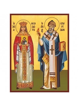 Εικόνα Ορθοδοξίας με περίγραμμα χρυσό σε ξύλο Φλαμουρίας  με  βάση Εικόνα ΑΓΙΟΙ ΘΕΟΔΩΡΑ Η ΑΥΤΟΚΡΑΤΕΙΡΑ ΤΟΥ ΒΥΖΑΝΤΙΟΥ ΚΑΙ ΣΠΥΡΙΔΩΝ ΕΠΙΣΚΟΠΟΣ ΤΡΙΜΥΘΟΥΝΤΟΣ ΚΥΠΡΟΥ, ΟΛΟΣΩΜΟΙ Χειροποίητη Ελληνορθόδοξη εικόνα του Ιησού Χριστού, Κρεμαστή πλάκα βυζαντινής τέχνης,