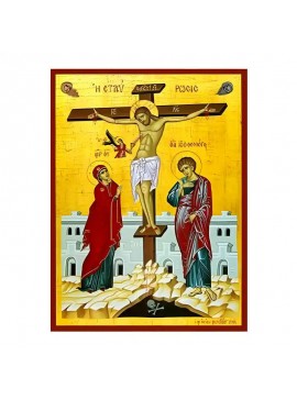 Σετ των 2 Εικόνα Ορθοδοξίας με περίγραμμα χρυσό σε ξύλο Φλαμουρίας  με  βάση Εικόνα Σταύρωση του Χριστού Χειροποίητη Ελληνορθόδοξη , Κρεμαστή πλάκα βυζαντινής τέχνης, χριστιανική τέχνη Διάσταση 10x7 cm (3,9 x 2,8 ίντσες) INTRAEK-670940