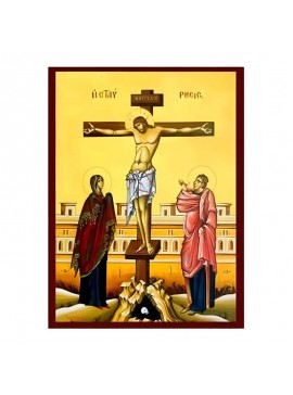 Σετ των 2 Εικόνα Ορθοδοξίας με περίγραμμα χρυσό σε ξύλο Φλαμουρίας  με  βάση Εικόνα Σταύρωση του Χριστού Χειροποίητη Ελληνορθόδοξη , Κρεμαστή πλάκα βυζαντινής τέχνης, χριστιανική τέχνη Διάσταση 10x7 cm (3,9 x 2,8 ίντσες) INTRAEK-670790