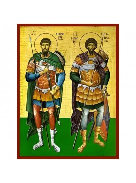 Εικόνα Ορθοδοξίας με περίγραμμα χρυσό σε ξύλο Φλαμουρίας  με  βάση Εικόνα ΑΓΙΟΙ ΘΕΟΔΩΡΟΙ, ΟΙ ΜΕΓΑΛΟΜΑΡΤΥΡΕΣ, ΤΗΡΩΝ ΚΑΙ ΣΤΡΑΤΗΛΑΤΗΣ, ΟΛΟΣΩΜΟΙ Χειροποίητη Ελληνορθόδοξη εικόνα του Ιησού Χριστού, Κρεμαστή πλάκα βυζαντινής τέχνης, χριστιανική τέχνη Διάσταση 4