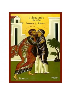 Εικόνα Ορθοδοξίας με περίγραμμα χρυσό σε ξύλο Φλαμουρίας  με  βάση Εικόνα ΑΓΙΟΙ ΙΩΑΚΕΙΜ ΚΑΙ ΑΝΝΑ, ΘΕΟΠΑΤΟΡΕΣ, Ο ΑΣΠΑΣΜΟΣ, ΟΛΟΣΩΜΟΙ Χειροποίητη Ελληνορθόδοξη εικόνα του Ιησού Χριστού, Κρεμαστή πλάκα βυζαντινής τέχνης, χριστιανική τέχνη Διάσταση 40x30 cm (1