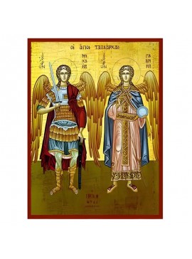 Σετ των 2 Εικόνα Ορθοδοξίας με περίγραμμα χρυσό σε ξύλο Φλαμουρίας  με  βάση Εικόνα Σύναξη Αρχαγγέλων Μιχαήλ και Γαβριήλ Χειροποίητη Ελληνορθόδοξη , Κρεμαστή πλάκα βυζαντινής τέχνης, χριστιανική τέχνη Διάσταση 10x7 cm (3,9 x 2,8 ίντσες) INTRAEK-670932