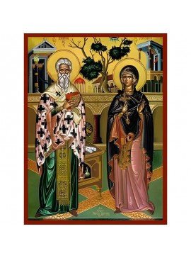 Εικόνα Ορθοδοξίας με περίγραμμα χρυσό σε ξύλο Φλαμουρίας  με  βάση Εικόνα ΑΓΙΟΙ ΚΥΠΡΙΑΝΟΣ, ΙΕΡΟΜΑΡΤΥΣ, ΕΠΙΣΚΟΠΟΣ ΚΑΡΧΗΔΟΝΟΣ ΚΑΙ ΙΟΥΣΤΙΝΗ, ΠΑΡΘΕΝΟΜΑΡΤΥΣ, ΝΙΚΟΜΗΔΕΙΑΣ, ΟΛΟΣΩΜΟΙ Χειροποίητη Ελληνορθόδοξη εικόνα του Ιησού Χριστού, Κρεμαστή πλάκα βυζαντινής τέ