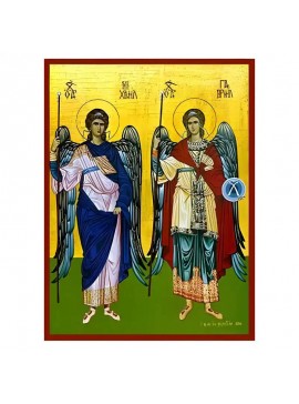 Σετ των 2 Εικόνα Ορθοδοξίας με περίγραμμα χρυσό σε ξύλο Φλαμουρίας  με  βάση Εικόνα Σύναξη Αρχαγγέλων Μιχαήλ και Γαβριήλ Χειροποίητη Ελληνορθόδοξη , Κρεμαστή πλάκα βυζαντινής τέχνης, χριστιανική τέχνη Διάσταση 10x7 cm (3,9 x 2,8 ίντσες) INTRAEK-670930