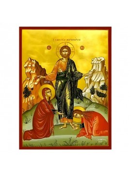 Σετ των 2 Εικόνα Ορθοδοξίας με περίγραμμα χρυσό σε ξύλο Φλαμουρίας  με  βάση Εικόνα Το Χαίρε των Μυροφόρων Χειροποίητη Ελληνορθόδοξη , Κρεμαστή πλάκα βυζαντινής τέχνης, χριστιανική τέχνη Διάσταση 10x7 cm (3,9 x 2,8 ίντσες) INTRAEK-670925