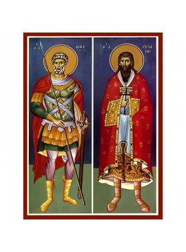 Εικόνα Ορθοδοξίας με περίγραμμα χρυσό σε ξύλο Φλαμουρίας  με  βάση Εικόνα ΑΓΙΟΙ ΜΗΝΑΣ ΚΑΙ ΕΥΣΤΡΑΤΙΟΣ, ΟΛΟΣΩΜΟΙ Χειροποίητη Ελληνορθόδοξη εικόνα του Ιησού Χριστού, Κρεμαστή πλάκα βυζαντινής τέχνης, χριστιανική τέχνη Διάσταση 40x30 cm (10,2x7,9 ίντσες)  INT